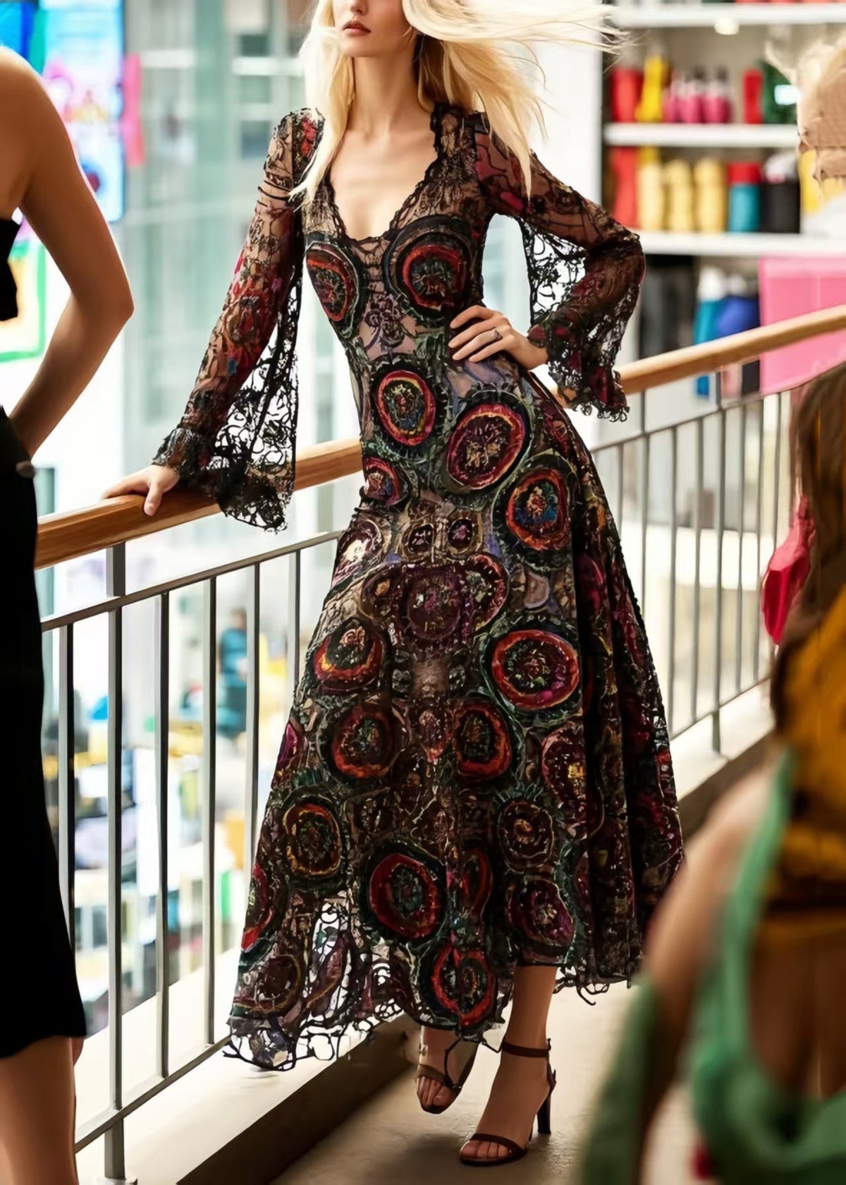 V-Neck Scalloped Lace Medallion Embroidered Bell Sleeve Floor-Length Gown