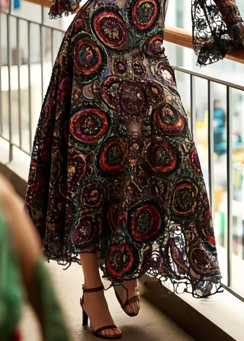 V-Neck Scalloped Lace Medallion Embroidered Bell Sleeve Floor-Length Gown