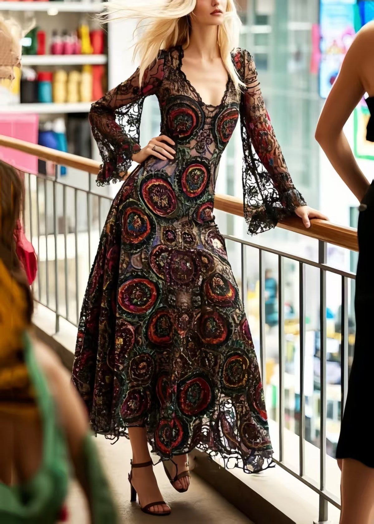 V-Neck Scalloped Lace Medallion Embroidered Bell Sleeve Floor-Length Gown