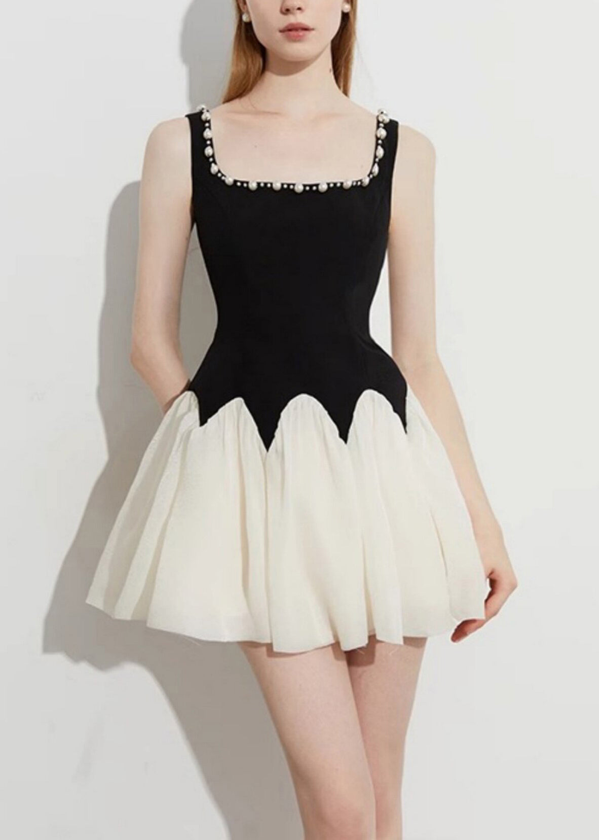 Square Neck Pearl Trim Scalloped Waist Pleated Tulle Skater Mini Dress