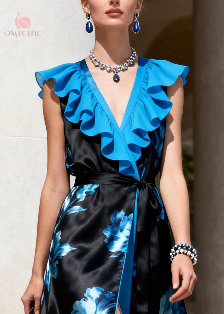 Ruffle V Neck Floral Print Wrap Tie Waist Flounce Hem Maxi Dress