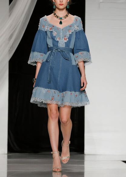 Deep V-Neck Ruffled Collar Floral Embroidery Patchwork Denim Belted Mini Dress