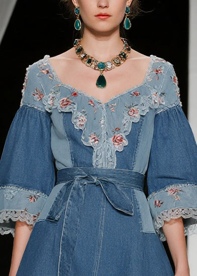 Deep V-Neck Ruffled Collar Floral Embroidery Patchwork Denim Belted Mini Dress