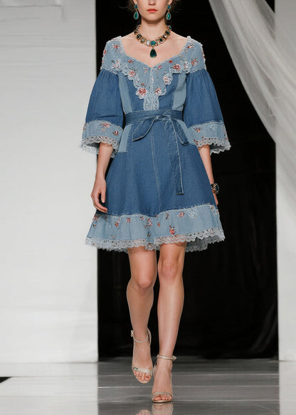 Deep V-Neck Ruffled Collar Floral Embroidery Patchwork Denim Belted Mini Dress