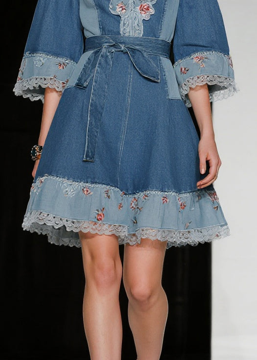Deep V-Neck Ruffled Collar Floral Embroidery Patchwork Denim Belted Mini Dress
