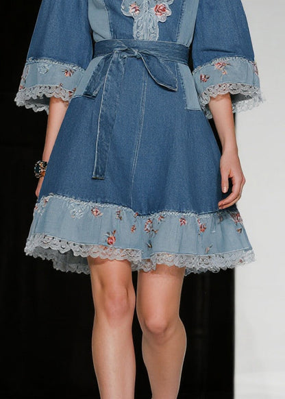 Deep V-Neck Ruffled Collar Floral Embroidery Patchwork Denim Belted Mini Dress