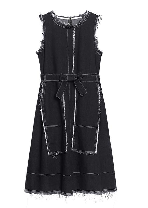 Sleeveless Contrast Stitch Frayed Edge Patch Pocket Denim Maxi Pinafore Dress