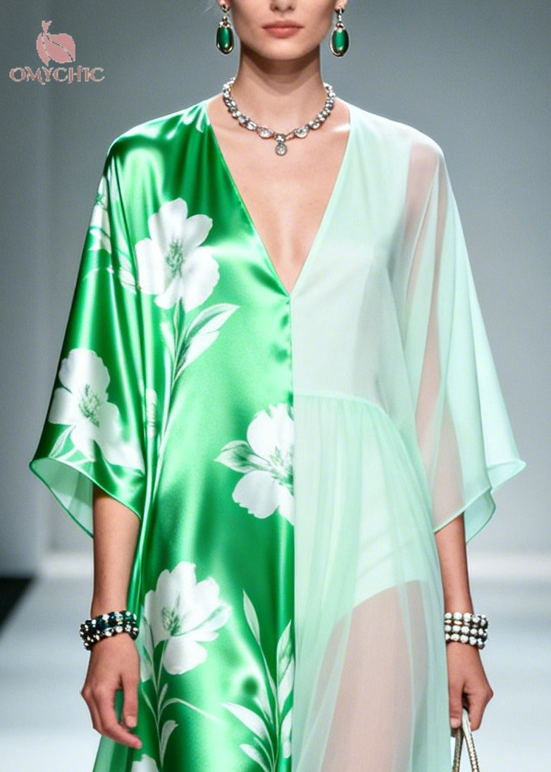 Deep V-Neck Kimono Sleeve Contrast Satin and Sheer Floral Split Maxi Gown