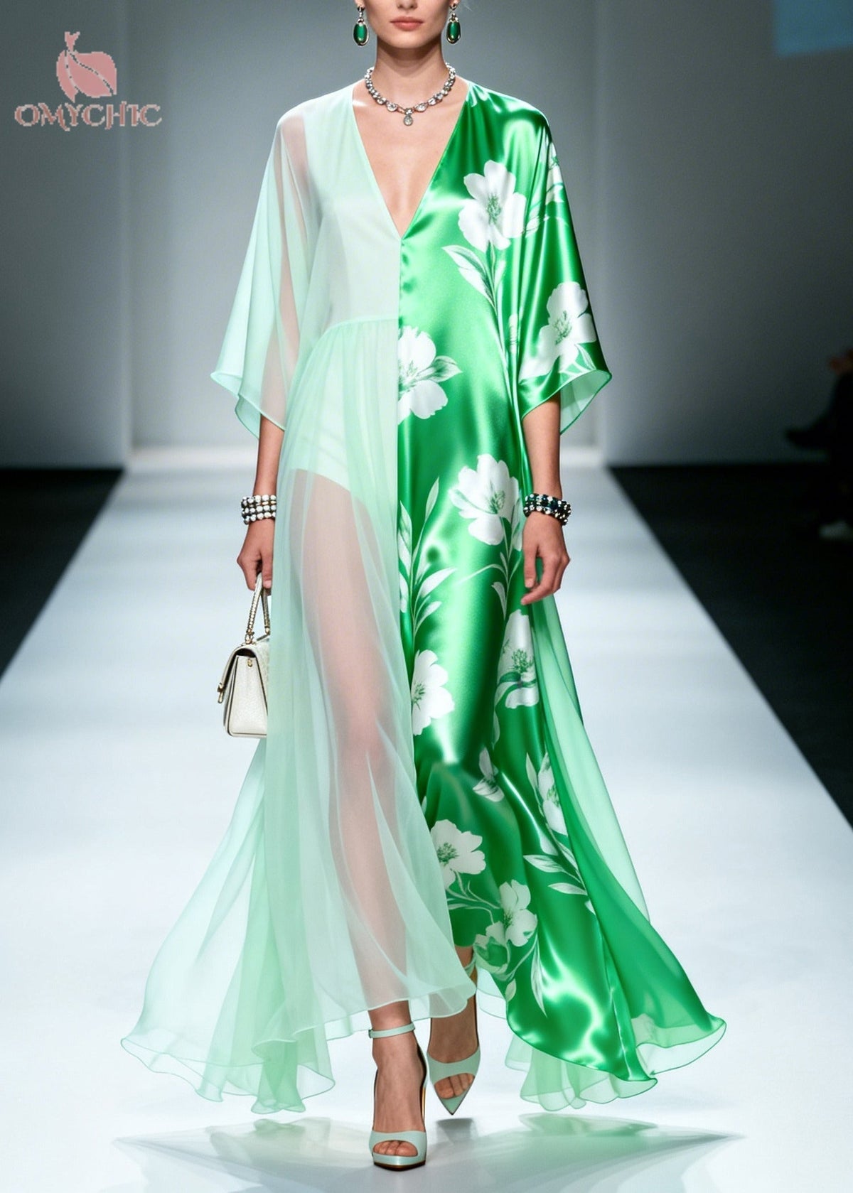 Deep V-Neck Kimono Sleeve Contrast Satin and Sheer Floral Split Maxi Gown