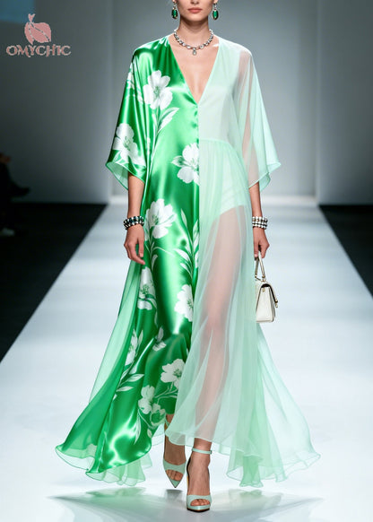 Deep V-Neck Kimono Sleeve Contrast Satin and Sheer Floral Split Maxi Gown