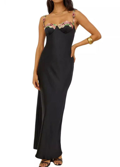Bustier Sweetheart Floral Embroidered Spaghetti Strap Column Gown