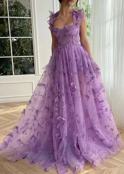 Sweetheart Corset Butterfly Applique High Slit Tulle Gown