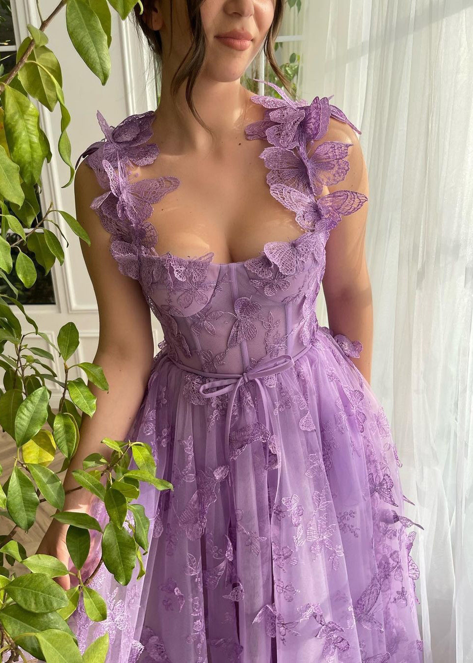 Sweetheart Corset Butterfly Applique High Slit Tulle Gown