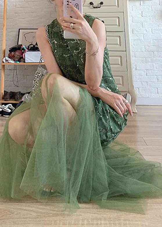 Crew Neck Sleeveless Scalloped Sequin Bodice Sheer Tulle Skirt Maxi Dress