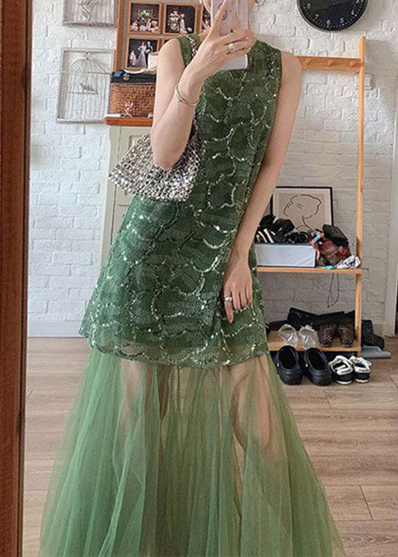 Crew Neck Sleeveless Scalloped Sequin Bodice Sheer Tulle Skirt Maxi Dress