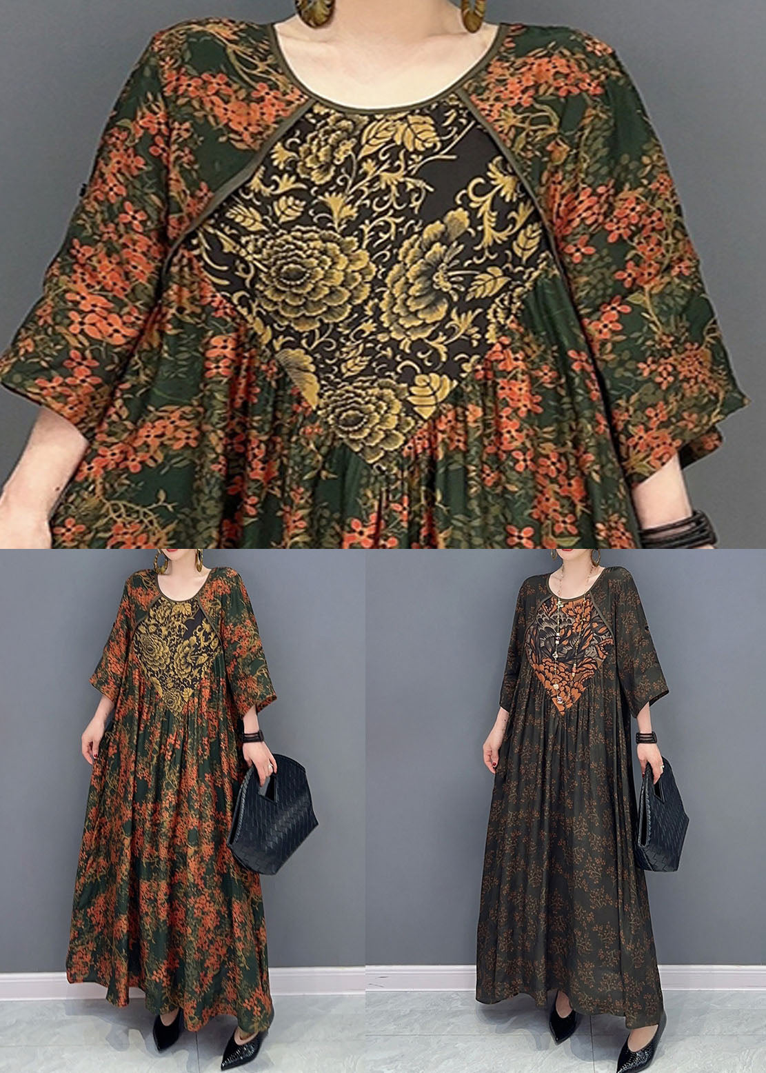 Contrast V-Panel Ditsy Floral Kimono Sleeve Maxi Dress