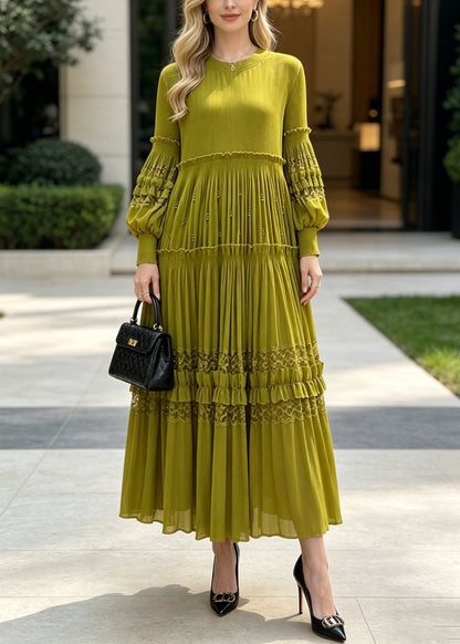 Round Neck Bishop Sleeve Lace Insert Tiered Pleated Beaded Maxi Dress