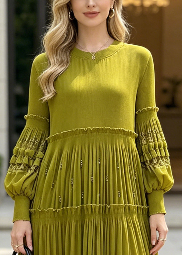 Round Neck Bishop Sleeve Lace Insert Tiered Pleated Beaded Maxi Dress