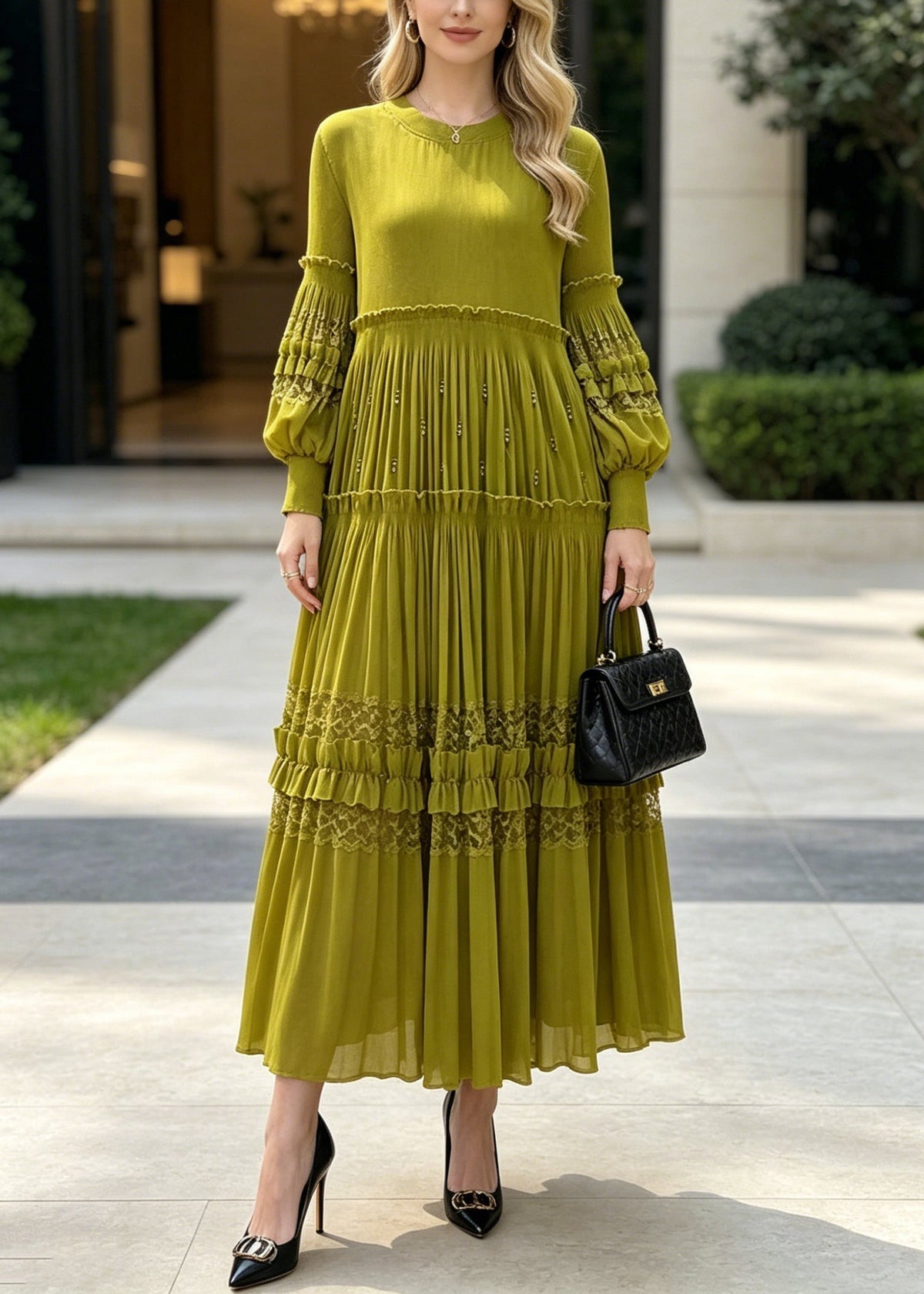 Round Neck Bishop Sleeve Lace Insert Tiered Pleated Beaded Maxi Dress