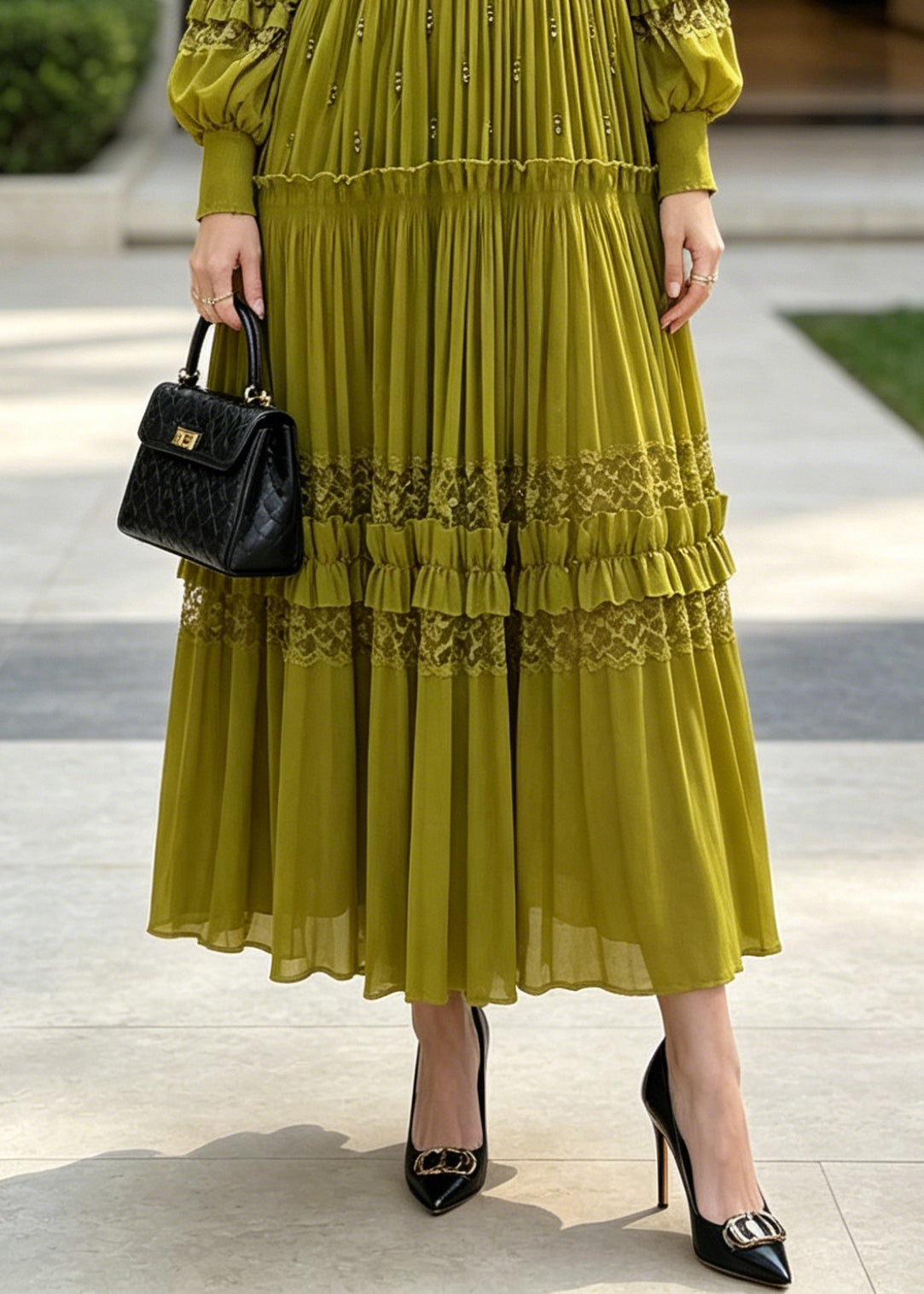 Round Neck Bishop Sleeve Lace Insert Tiered Pleated Beaded Maxi Dress