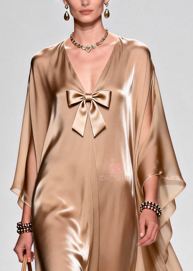 Deep V-Neck Bow Detail Cape Sleeve Maxi Gown