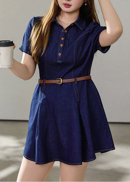 Point Collar Button Front Belted Pleated Denim Mini Dress