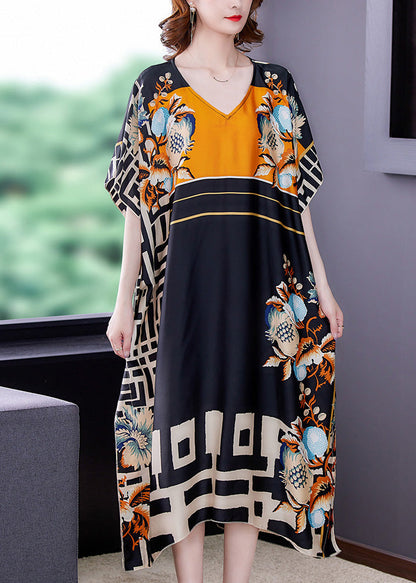 V-Neck Short Kaftan Sleeve Mixed Geometric Floral Print Oversized Maxi Dress