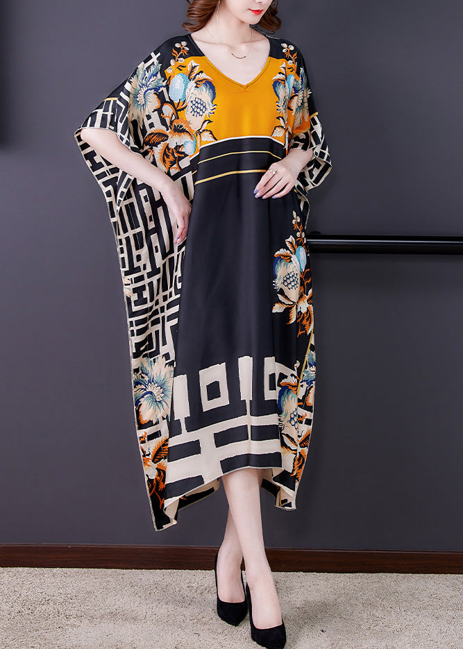V-Neck Short Kaftan Sleeve Mixed Geometric Floral Print Oversized Maxi Dress