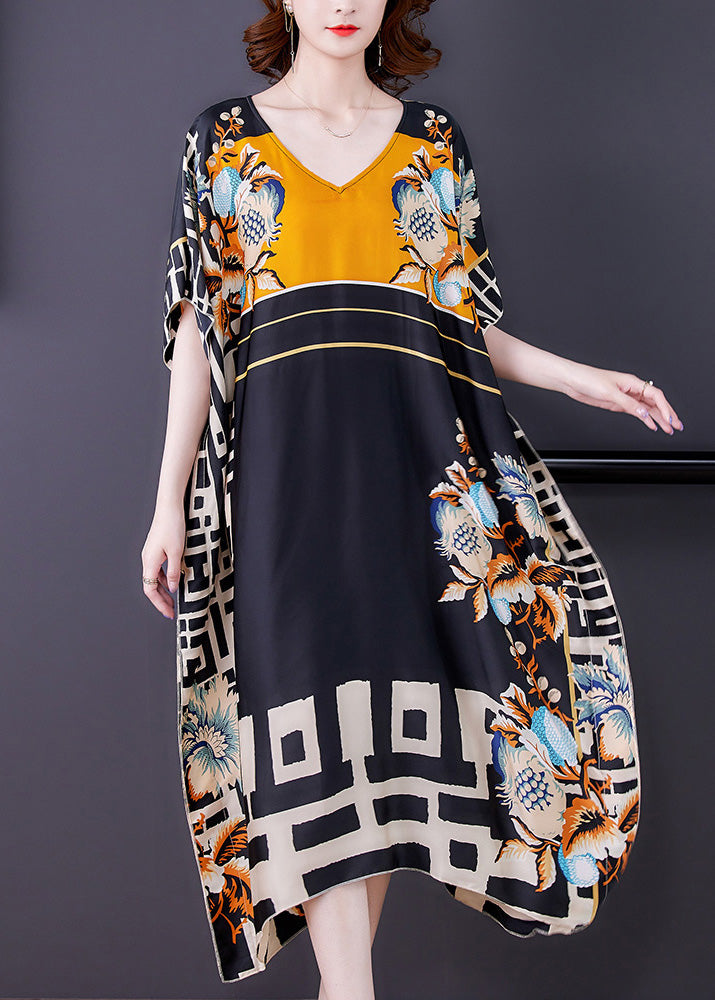 V-Neck Short Kaftan Sleeve Mixed Geometric Floral Print Oversized Maxi Dress