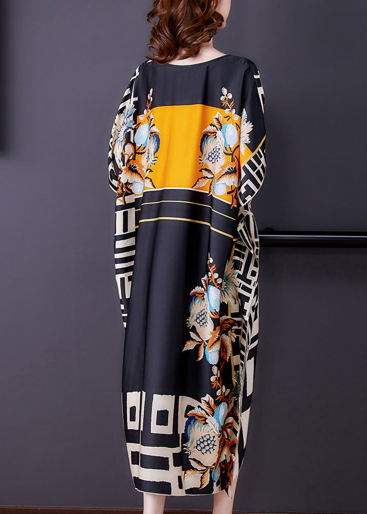 V-Neck Short Kaftan Sleeve Mixed Geometric Floral Print Oversized Maxi Dress