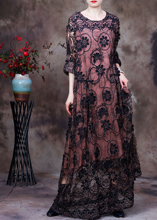 Scalloped Lace Trim Sheer Floral Applique Long Sleeve Layered Maxi Dress