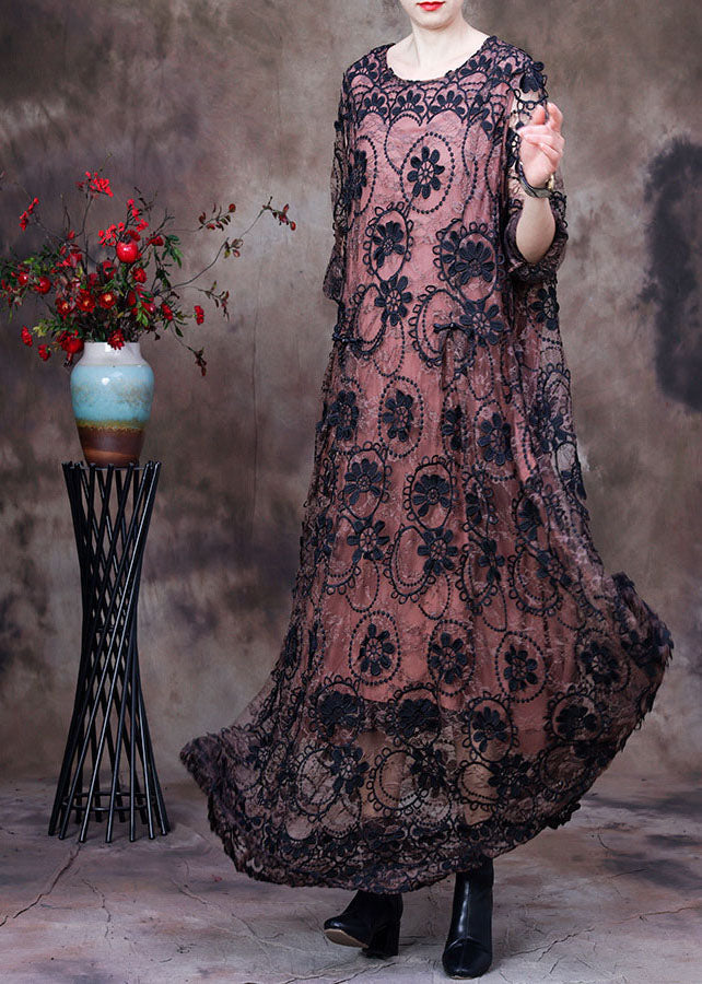Scalloped Lace Trim Sheer Floral Applique Long Sleeve Layered Maxi Dress