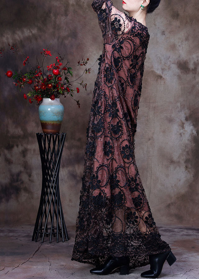 Scalloped Lace Trim Sheer Floral Applique Long Sleeve Layered Maxi Dress