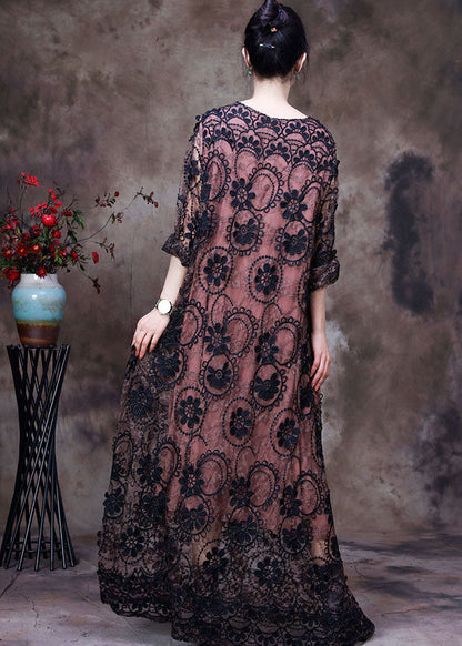 Scalloped Lace Trim Sheer Floral Applique Long Sleeve Layered Maxi Dress