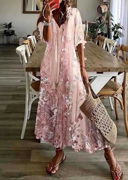 Deep V-Neck Tassel Tie Flutter Sleeve Botanical Print Maxi Dress