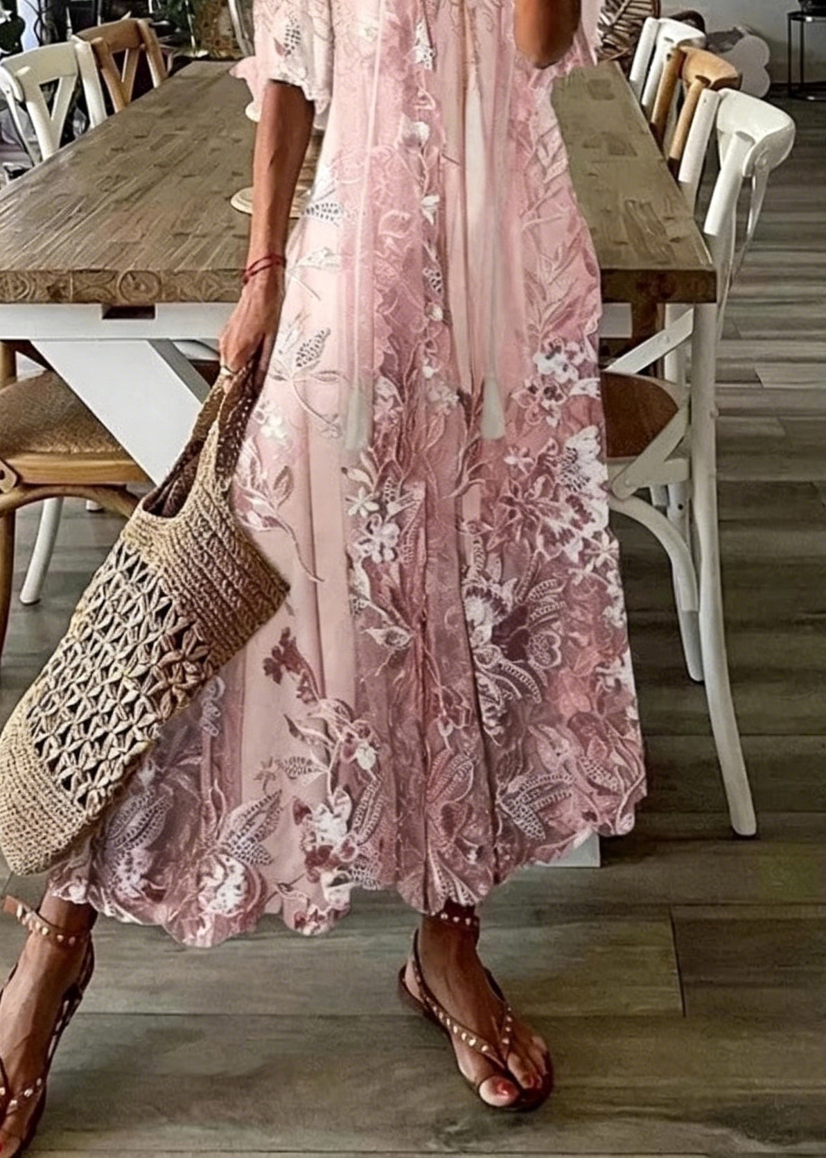 Deep V-Neck Tassel Tie Flutter Sleeve Botanical Print Maxi Dress