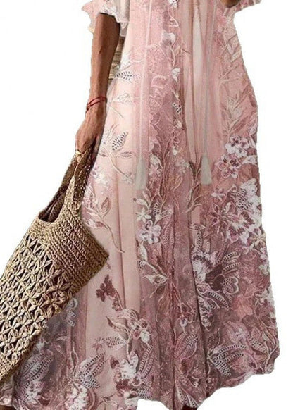 Deep V-Neck Tassel Tie Flutter Sleeve Botanical Print Maxi Dress
