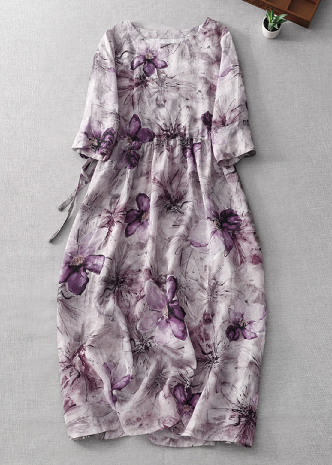Round Neck Drawstring Waist Painterly Floral Midi Dress