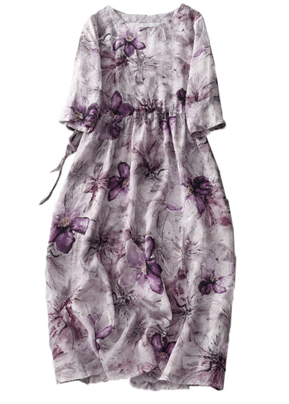Round Neck Drawstring Waist Painterly Floral Midi Dress