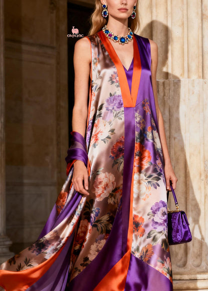 Deep V-Neck Paneled Floral Handkerchief Hem Maxi Dress