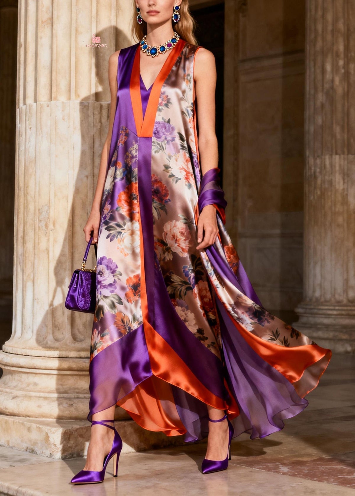 Deep V-Neck Paneled Floral Handkerchief Hem Maxi Dress