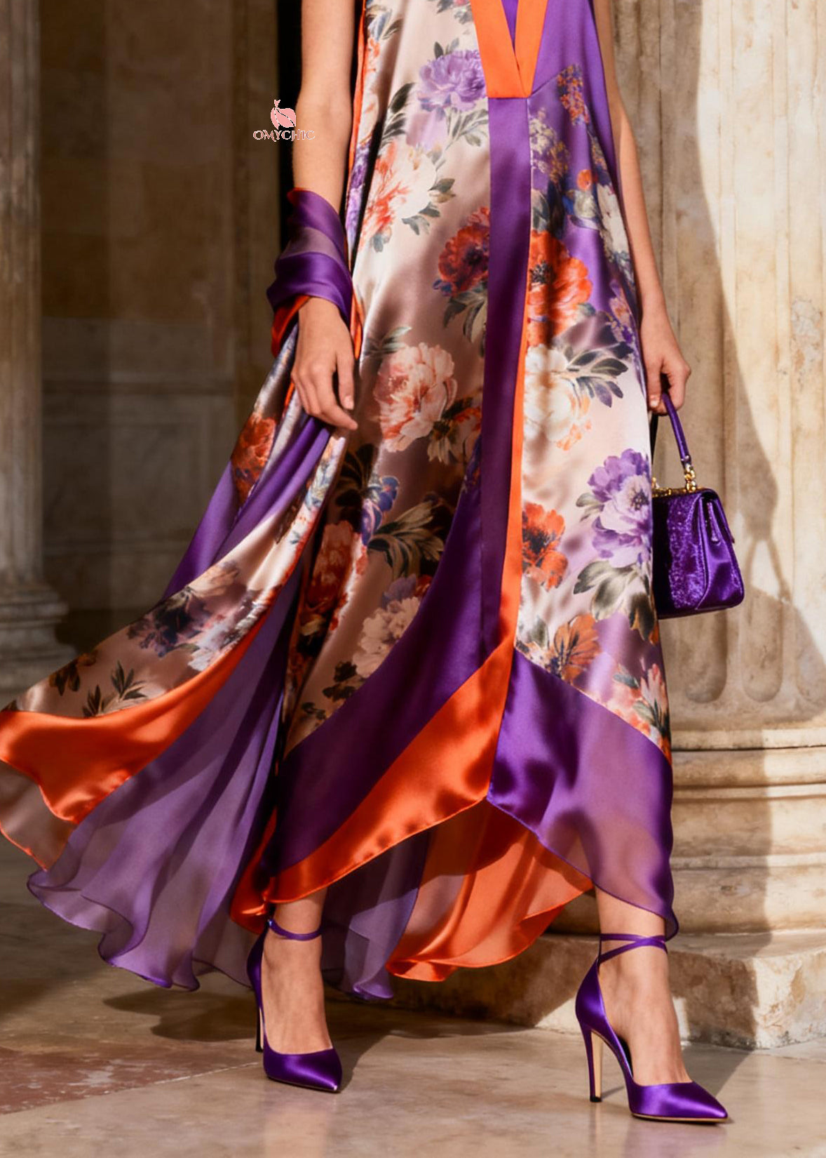 Deep V-Neck Paneled Floral Handkerchief Hem Maxi Dress