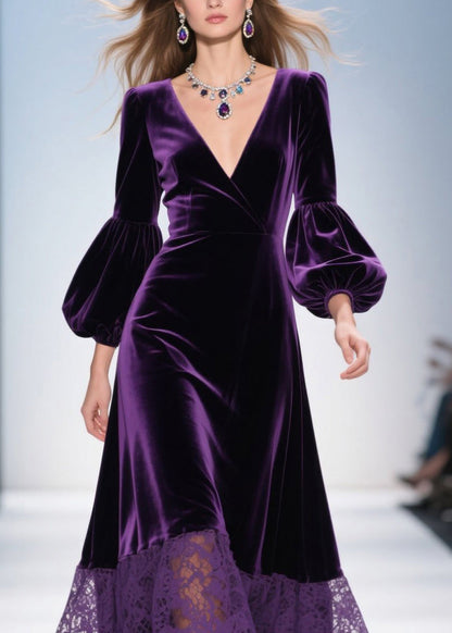 Wrap V-Neck Puff Sleeve Lace Panel Scalloped Hem Velvet Midi Gown
