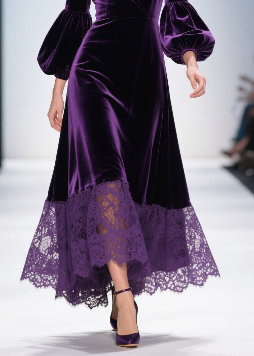 Wrap V-Neck Puff Sleeve Lace Panel Scalloped Hem Velvet Midi Gown