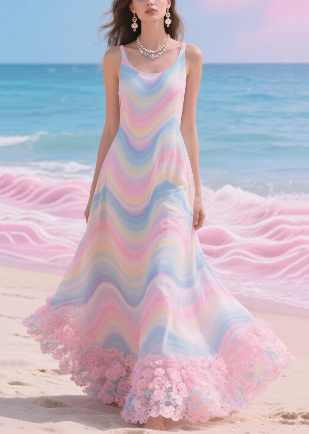 Scoop Neck Spaghetti Strap Wavy Print 3D Rosette Ruffle Hem Maxi Dress