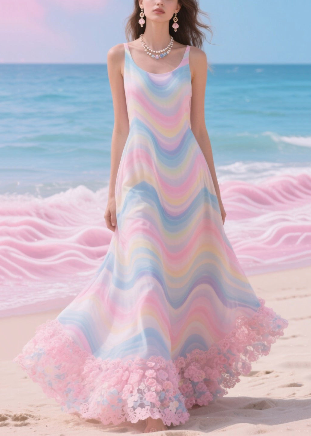 Scoop Neck Spaghetti Strap Wavy Print 3D Rosette Ruffle Hem Maxi Dress