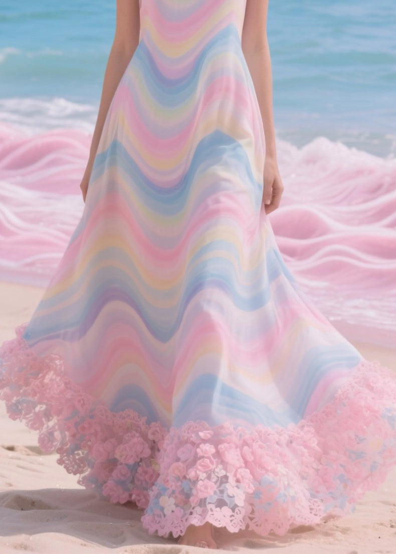 Scoop Neck Spaghetti Strap Wavy Print 3D Rosette Ruffle Hem Maxi Dress