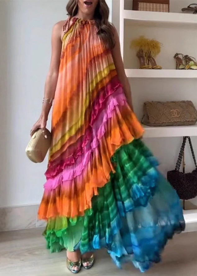 Halter Neck Pleated Diagonal Tiered Gradient Striped Maxi Dress