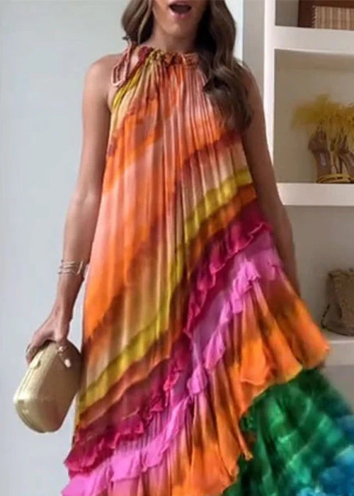 Halter Neck Pleated Diagonal Tiered Gradient Striped Maxi Dress