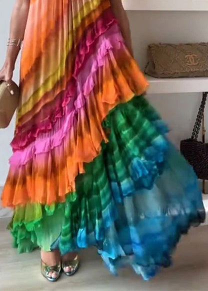 Halter Neck Pleated Diagonal Tiered Gradient Striped Maxi Dress